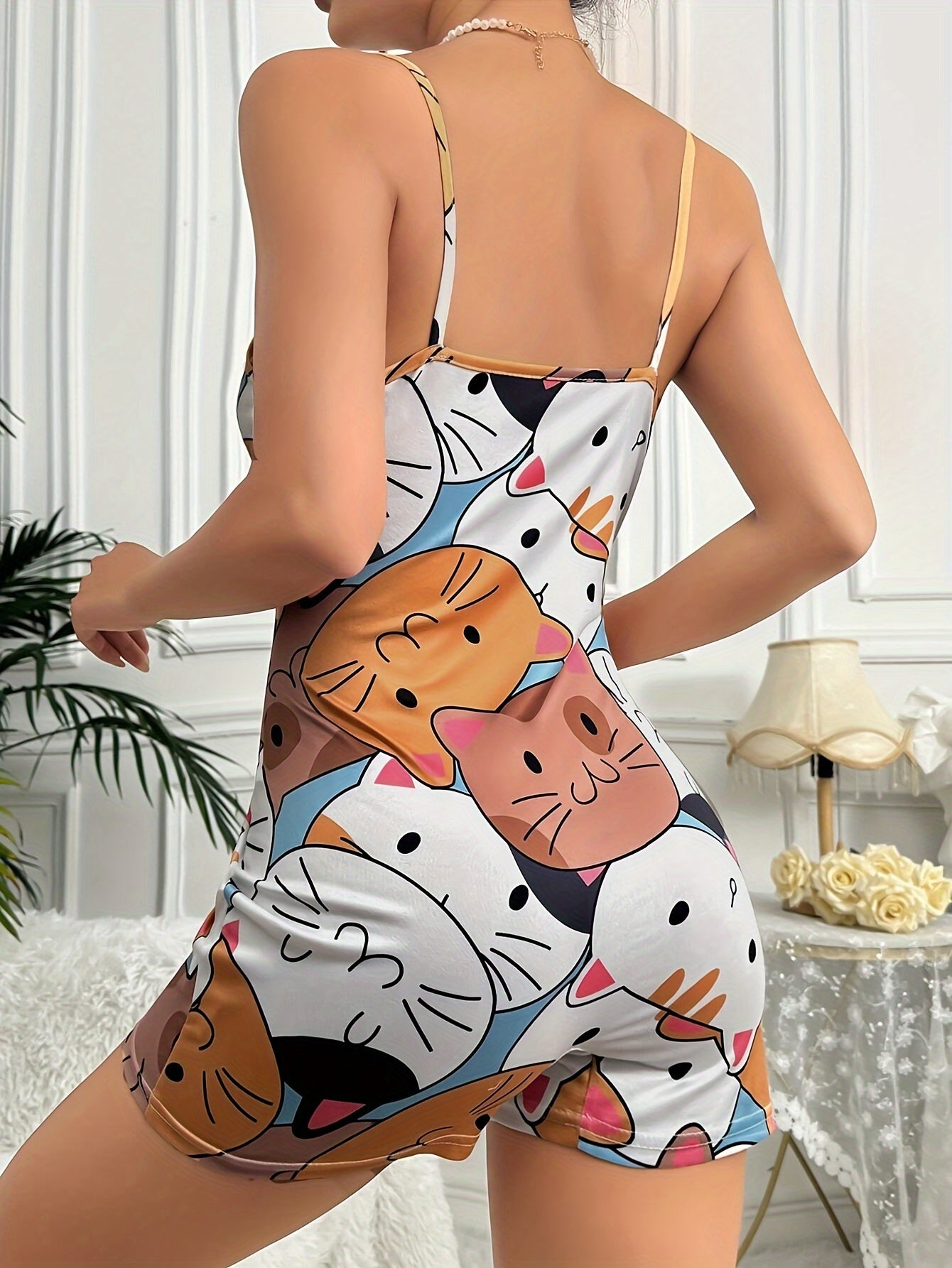 Women's cat print lounge bodysuit, perfect for summer.