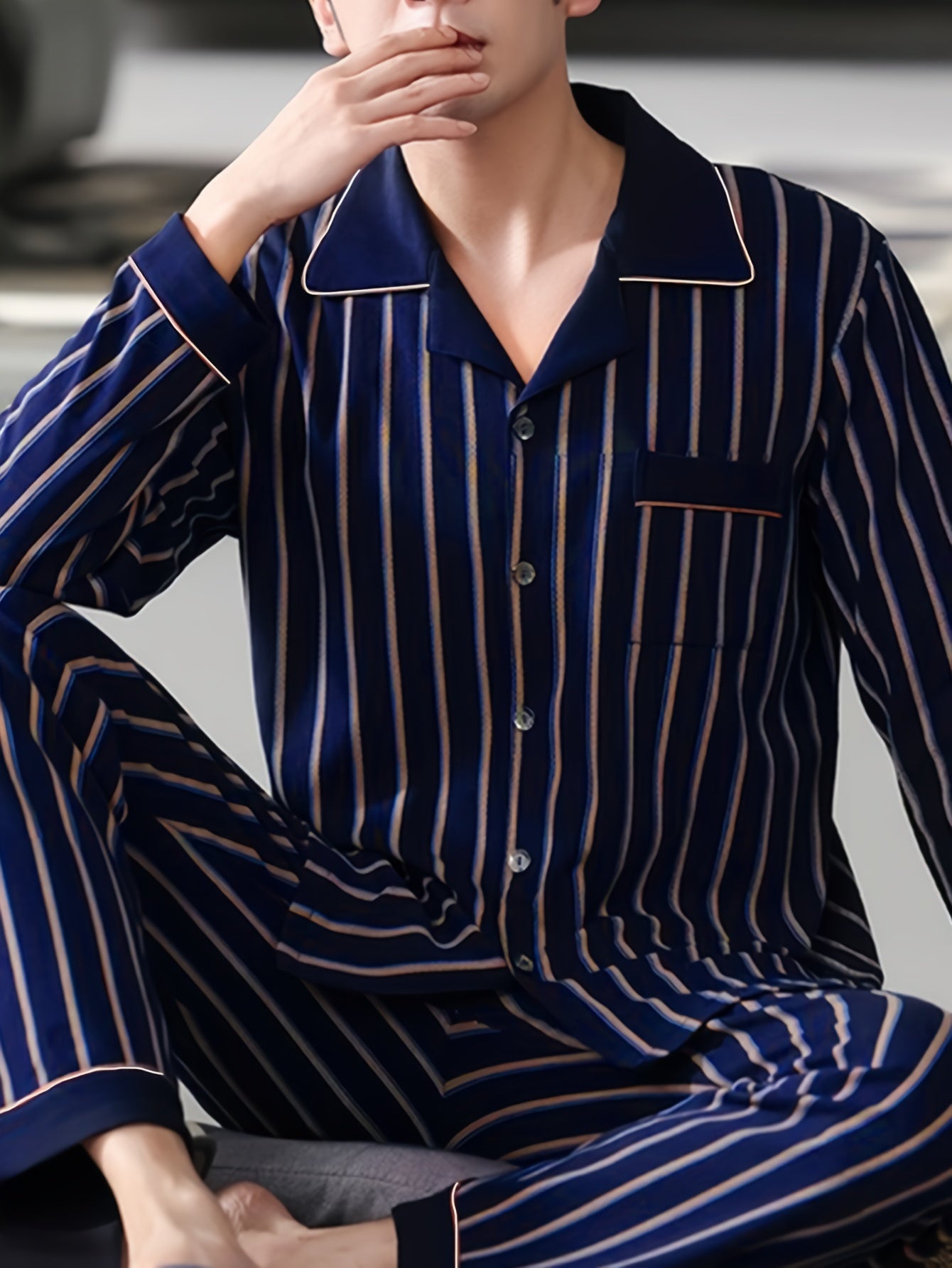 Men's long sleeve pajama set by QIANNIANMA, striped, made of polyester and elastane blend, machine washable, with pockets. Suitable for spring/autumn sleepwear and home wear. Features brand