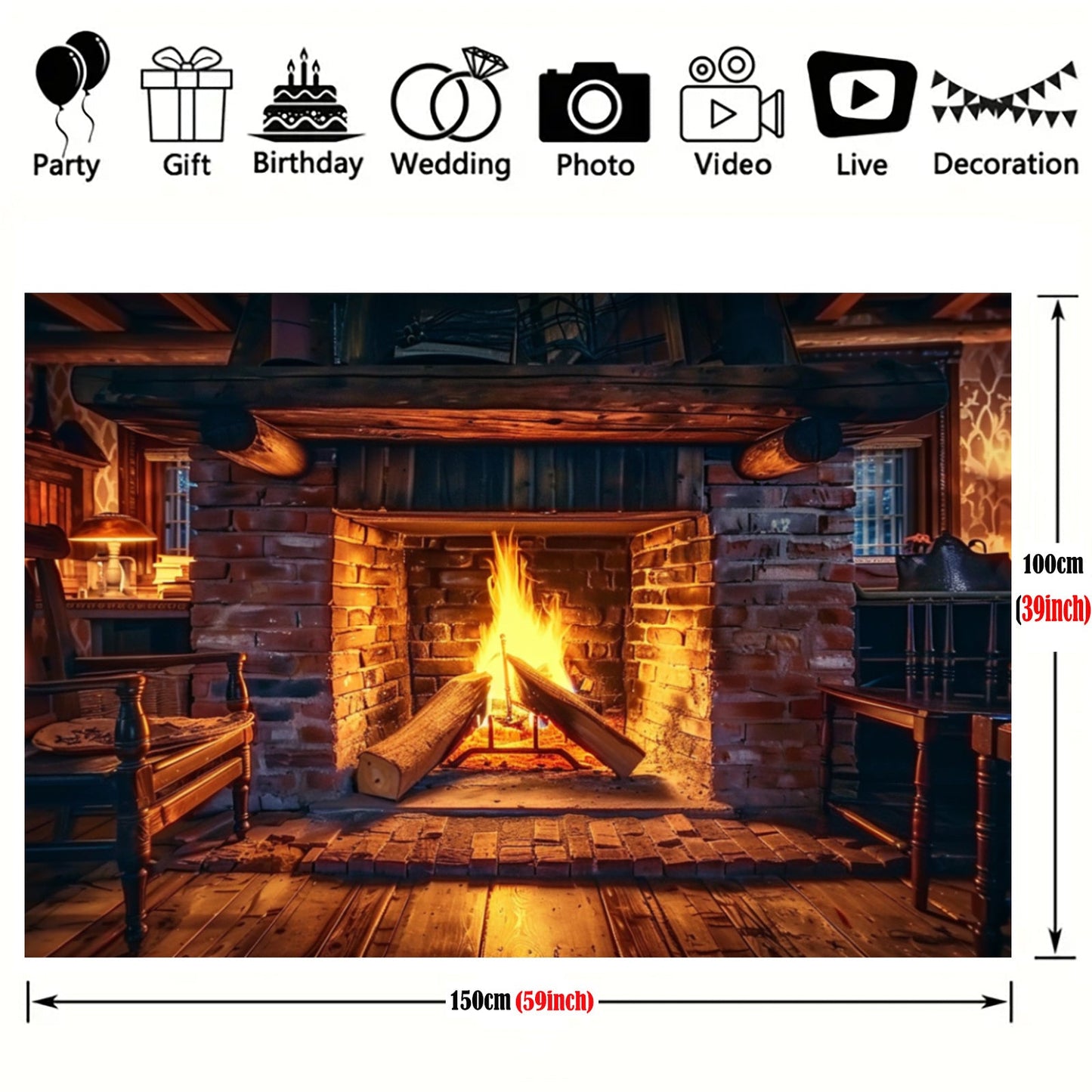 Realistic Fireplace Polyester Backdrop with Burning Wood Design - Available in Multiple Sizes (small: 99.06cm x 149.86cm, large: 179.83cm x 229.87cm) - Perfect for Winter Celebrations, Family Get-Togethers, Outdoor Events, and Multi-functional Use for