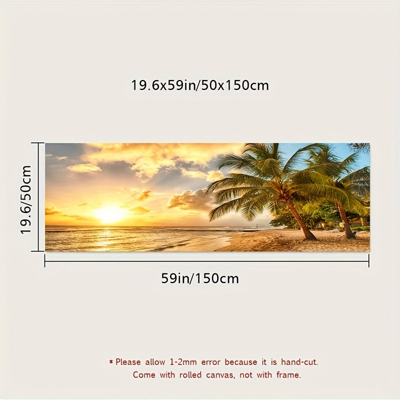 Large Modern Ocean View Coastal Canvas Painting featuring a palm tree, ocean, and sunset. Perfect for decorating a living room. Frame not included.