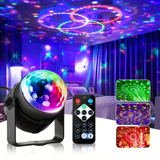 Voice-controlled RGB disco ball light with remote, ideal for parties and special occasions. USB powered and offers 7 modes for different events. Perfect for Halloween, Christmas, birthdays, and more!