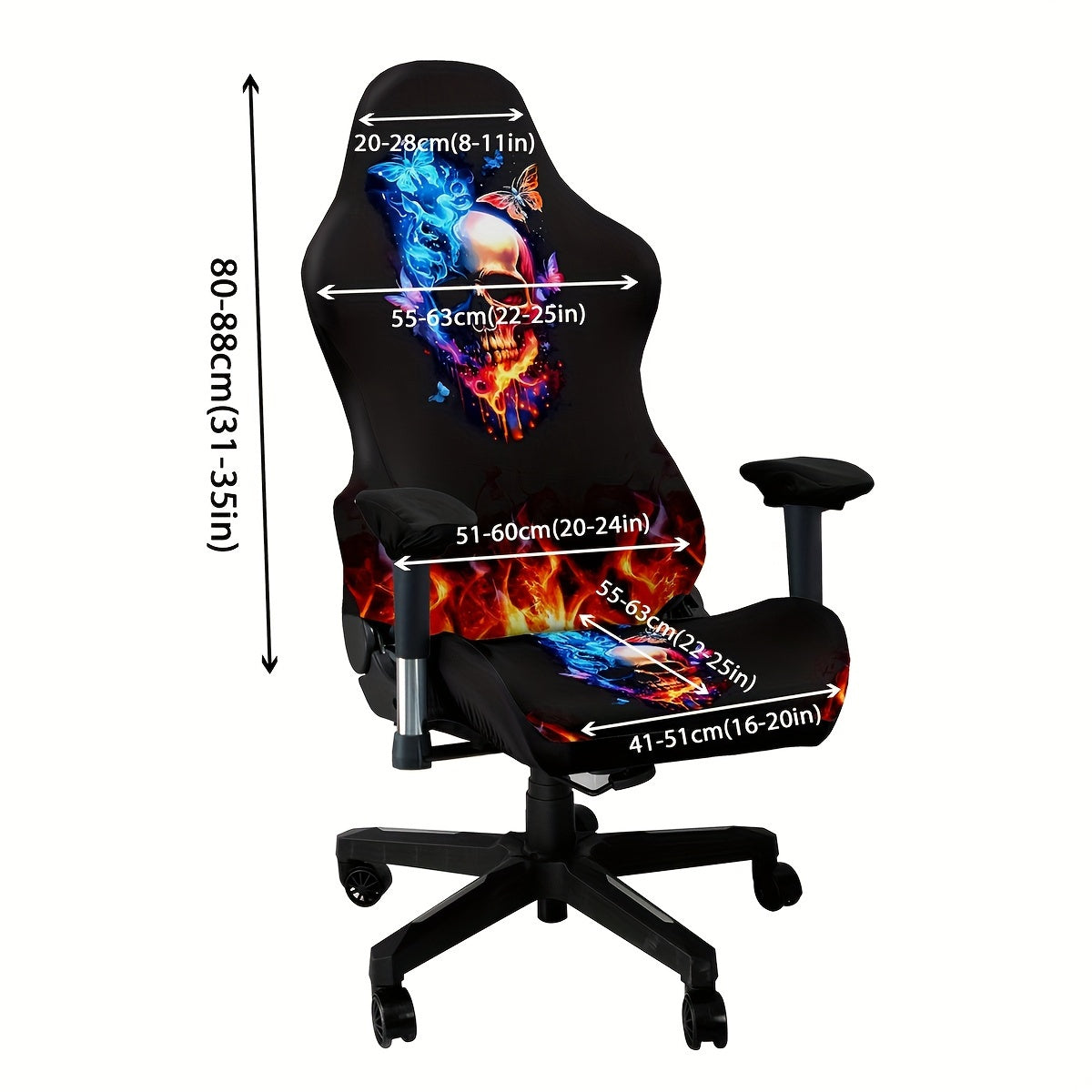 Stretchable and washable gaming chair cover with eclectic skull design, made of premium milk fiber fabric. The one-piece slipcover boasts high elasticity and easy fit, featuring a digital