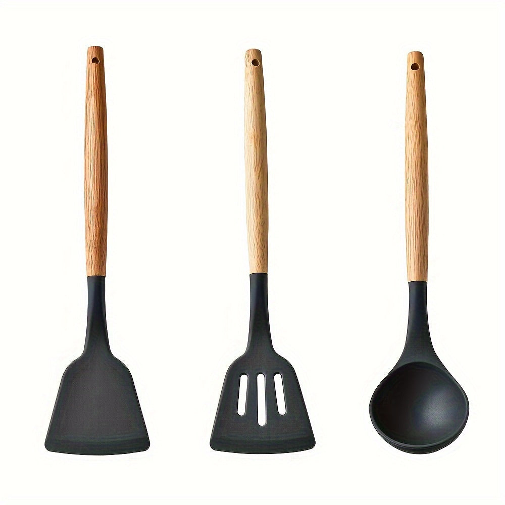 Set of 3 Silicone Kitchen Utensils - Includes Non-Stick, Heat-Resistant Spatulas and Spoons with Wooden Handles for Cooking and Baking