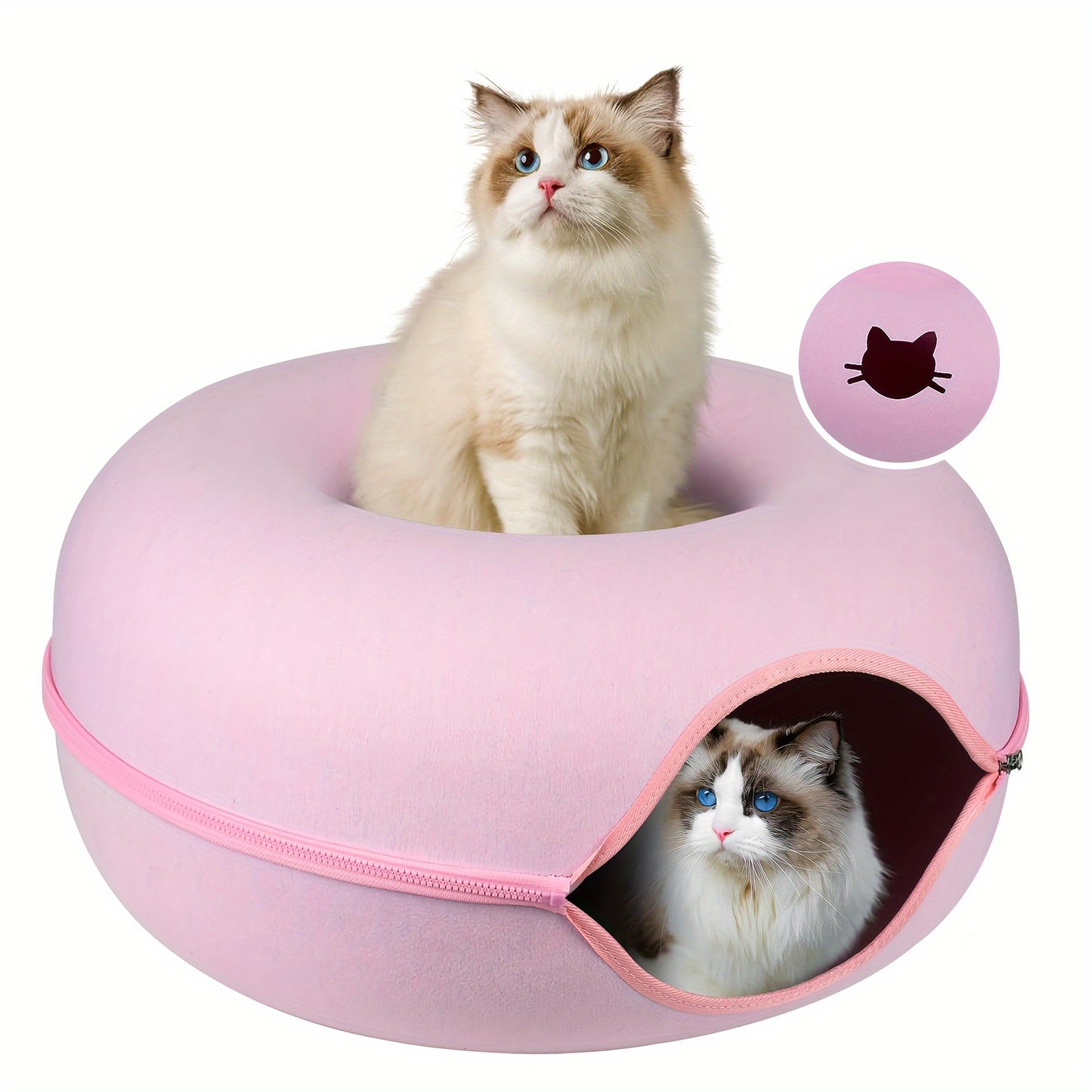 Versatile cat tunnel bed made of cozy wool felt in gray, with foldable design and zippered split for easy cleaning. Perfect for play, sofa, or bed use.