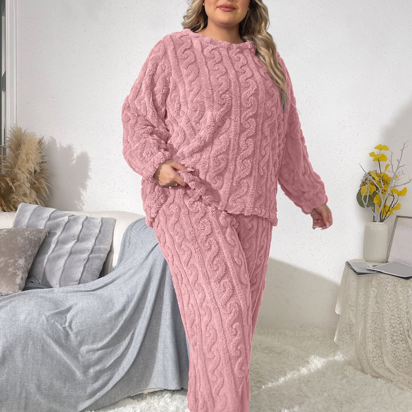 Women's Plus Size Twist Pattern Pajama Set with Flannel Top & Joggers for Fall & Winter