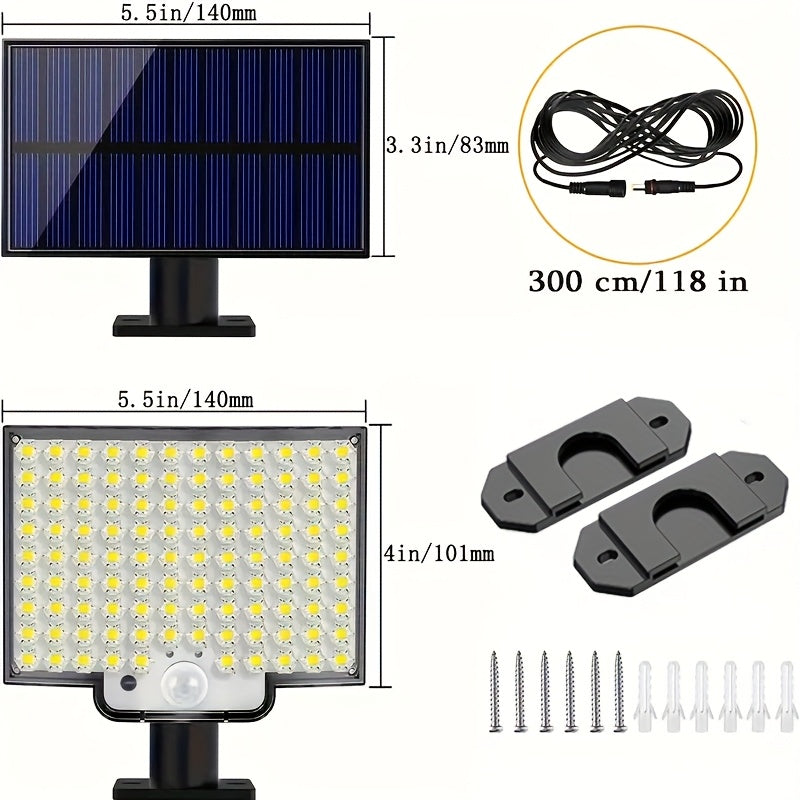 Solar wall light with 106 LED, motion sensor, adjustable angle, and 279.4cm cable for yard and garden.