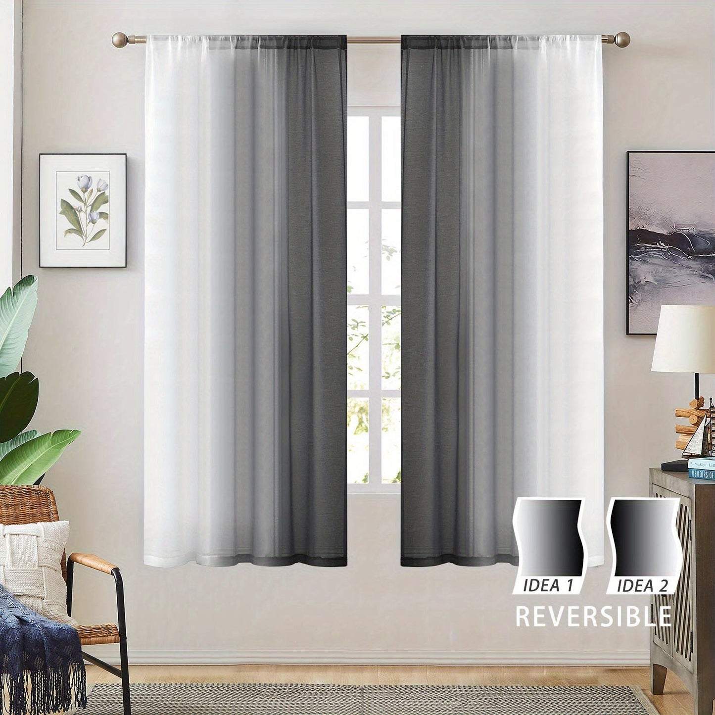 Two pieces of rod pocket curtains with a gradient style, made of transparent imitation linen material. These sheer curtains are perfect for adding a decorative touch to any bedroom, office, kitchen, living room, study, or home decor.