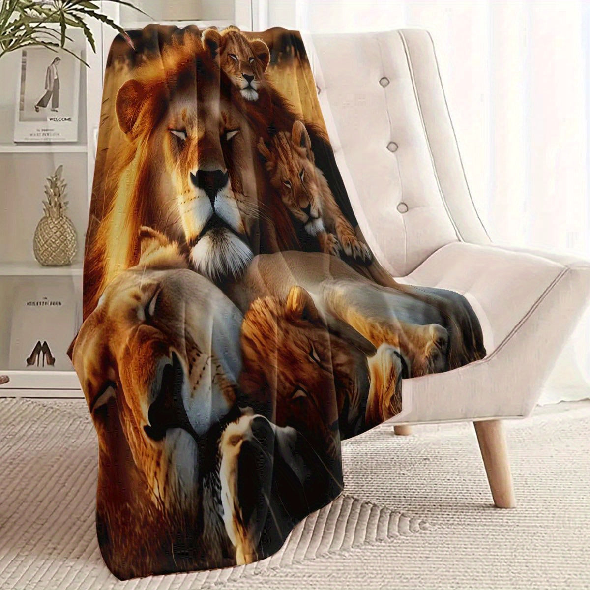 Get cozy with this vintage Lion Family print flannel throw blanket. Made from knitted polyester, this lightweight blanket features a digital print animal theme. With a fabric weight of 200-250g, it's perfect for any season and ideal for use on your sofa