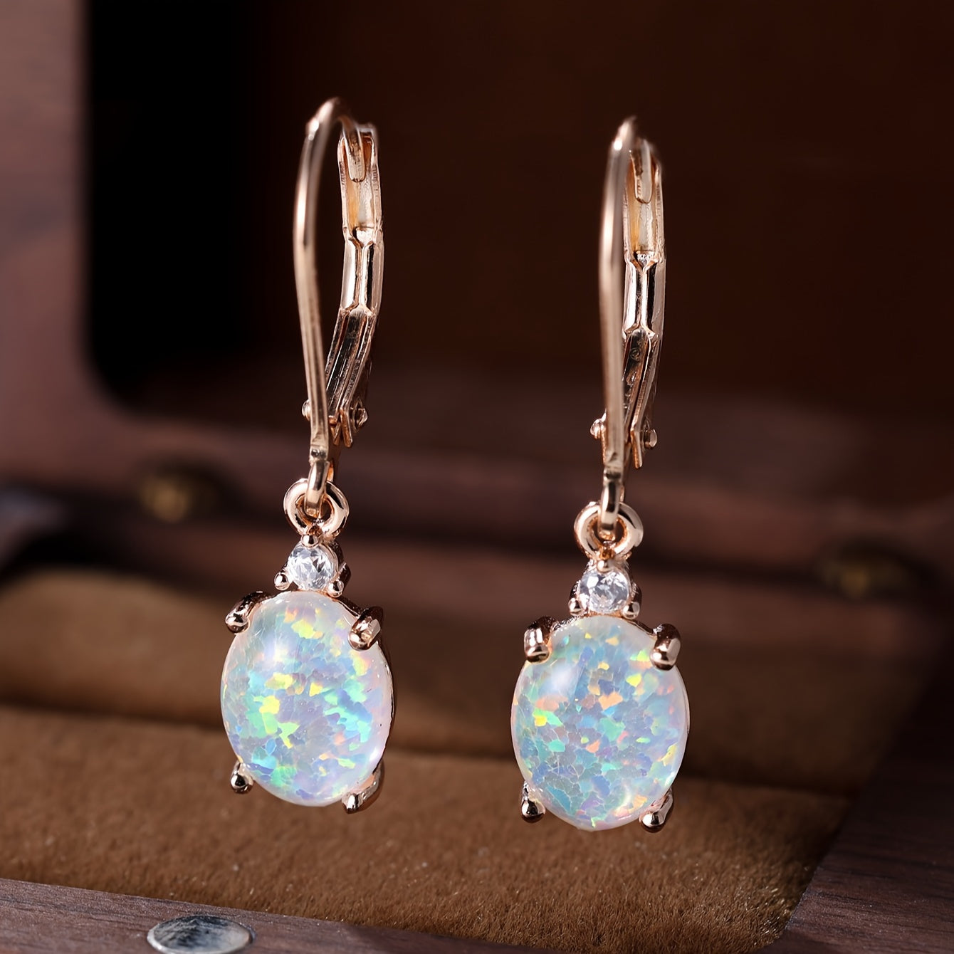 Green Fire Opal Rhodium Plated Round-Cut Dangle Earrings, Women's Leverback Gemstone Drop Earrings weighing 2.2g