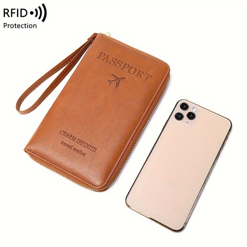 Brown PU travel wallet with RFID blocking for passports, cards, tickets, and IDs. Zipper closure and wrist strap, compact design with multiple compartments for secure organization.