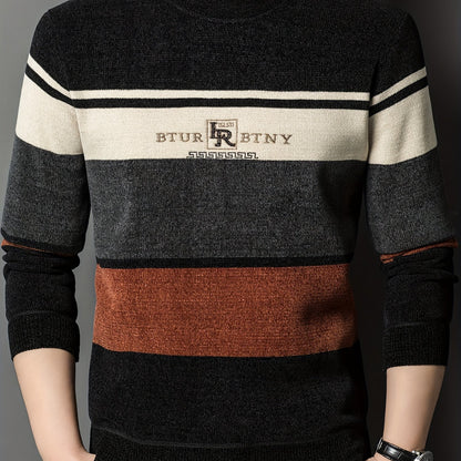 Men's winter crew neck sweater with striped design, thick polyester material, casual round neck, regular fit, long sleeves, ribbed hem and cuffs, fashionable letter pattern, provides winter