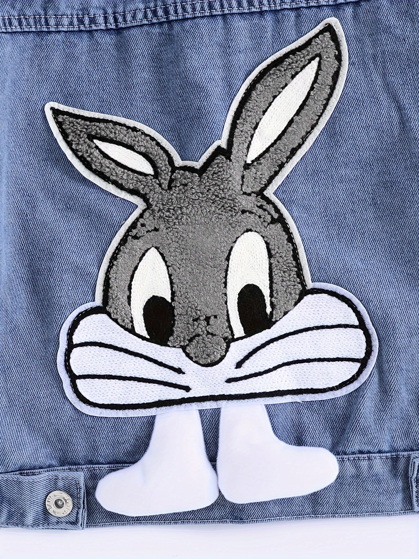 Rabbit embroidered denim jacket for girls, featuring drop shoulder lapel collar, button closure, and animal pattern on non-stretch fabric. Regular fit perfect for fall/winter.