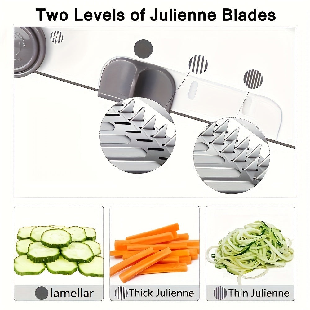 Professional grade stainless steel mandoline slicer capable of adjusting to 18 different sizes, perfect for slicing vegetables such as onions and potatoes. Safe and easy to use, this kitchen accessory is a must-have for any cook.