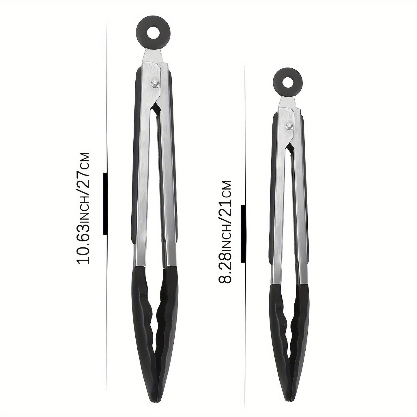 Black and red stainless steel kitchen tongs with heat-resistant silicone tips, available in three sizes (20.32 cm, 27.94 cm, 33.02 cm). These food clips feature a pull lock and non-scratch silicone tips, making them ideal for use with air fryers and