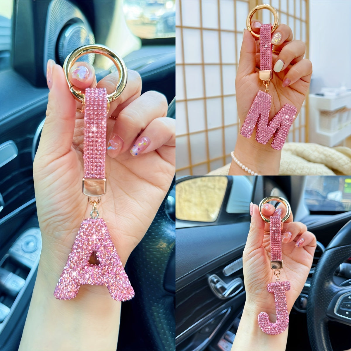 Personalized Initial Keyring - Shiny Key Ring Accessory with Alloy Rhinestone Alphabet Pendant in Pink, 1pc Charm for Women, Ring Buckle Decoration, Great Birthday or Festival Gift - Choose from Letters A-Z