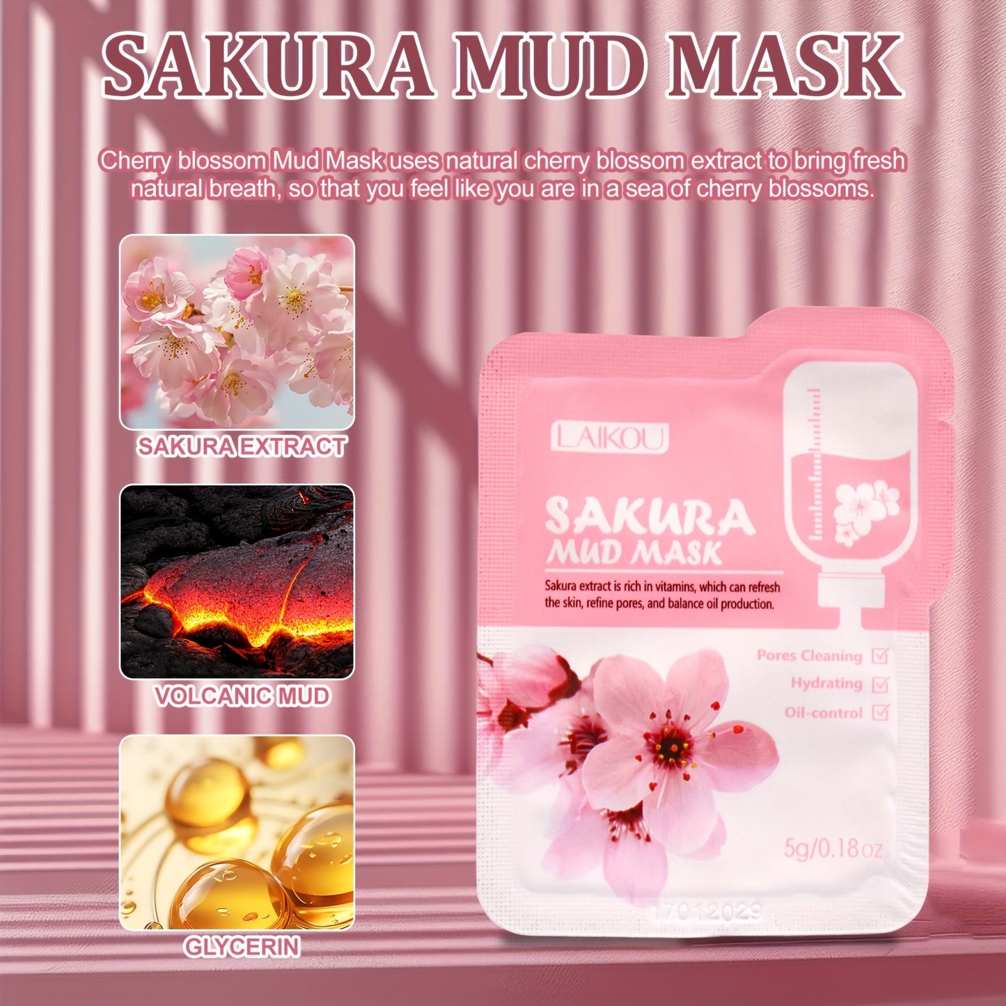 12 count of 5g Sakura Mud Mask with portable packaging for traveling, providing deep cleansing, moisturizing, and oil control.