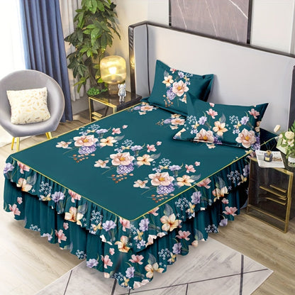 Set of 3 Macrame Bed Skirts with Flower Print, Suitable for All Seasons, with Universal Non-slip Design. Includes 1 Bed Skirt and 2 Pillowcases, Core not included.