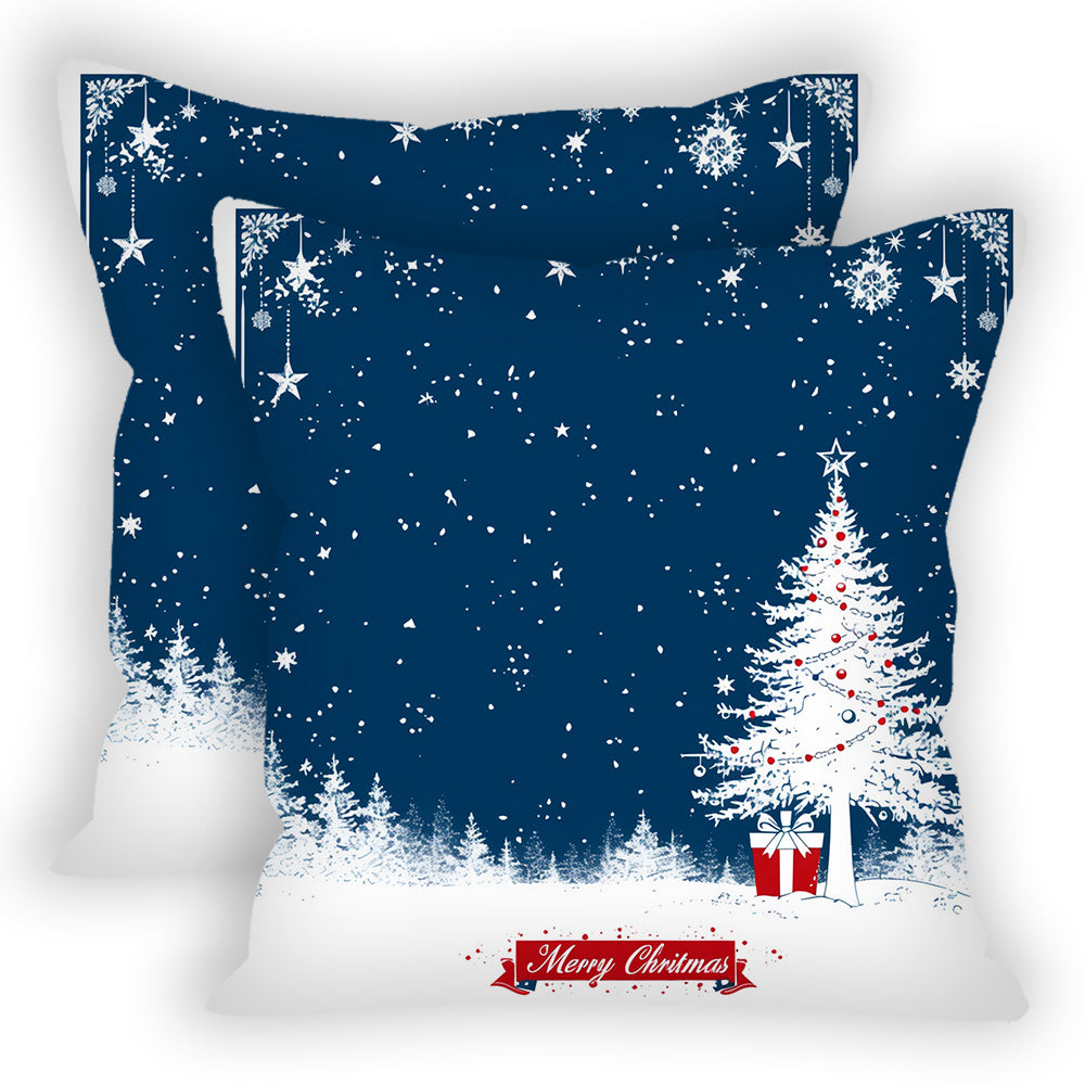 Two pieces of Blue Merry Christmas throw pillow covers, measuring 45.72x45.72 cm each. Made of soft polyester fabric, these square cushion cases are suitable for the living room, bedroom, or car. Pillow cores are not included, and the covers are machine