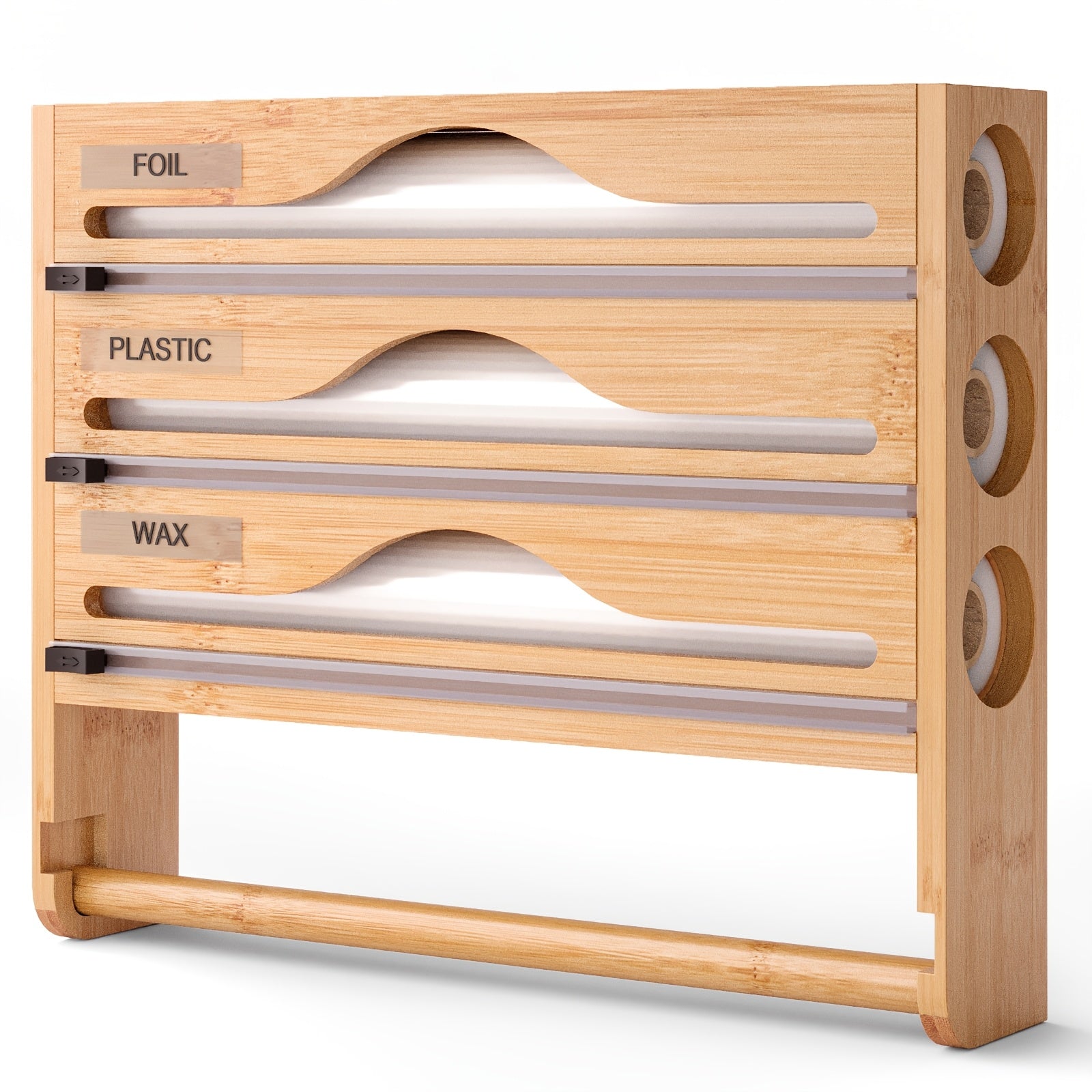 Bamboo wrap organizer with cutter and labels for wall-mounted kitchen storage.