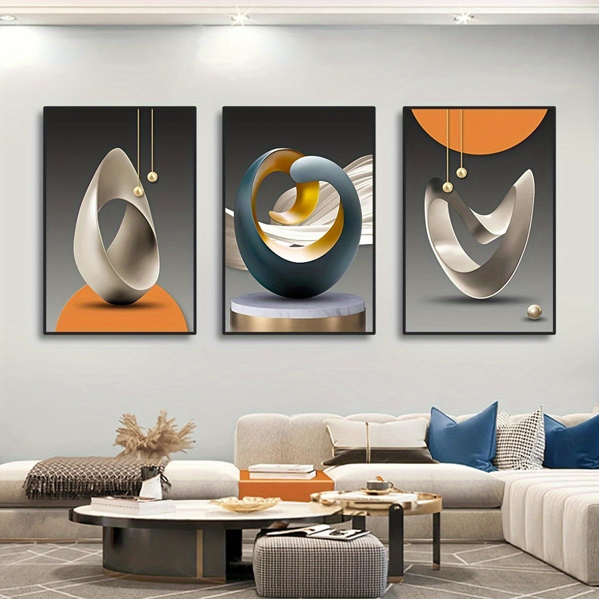 Set of 3 modern canvas posters, abstract geometric wall art for various rooms, no frames included.