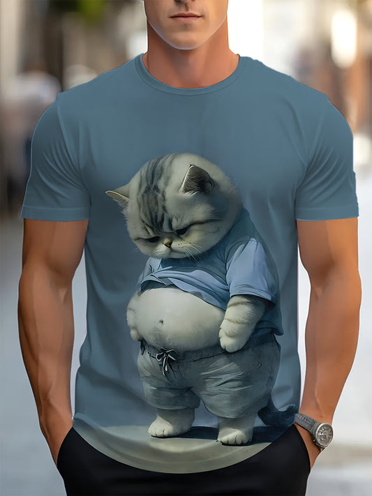 Men'S 3D Cartoon Cat Print T-Shirt, Regular fit tee made of 90% Polyester and 10% Spandex with crew neckline and slight stretch for daily wear & outdoor activities.