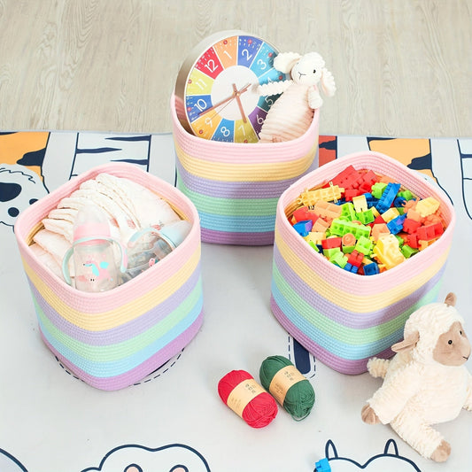 1 piece of 27.94x27.94 cm Cube Storage Bin, Woven Organizer for Cubes, Organizes Closets, Adorable Square Gift Box, Decorative Baskets for Classroom, Bathroom Storage, and Shelves, featuring a Rainbow design.