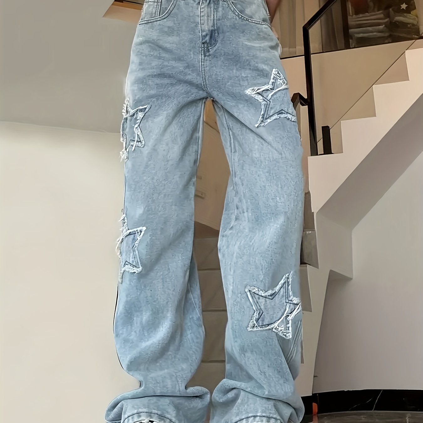 High waisted vintage distressed jeans with embroidered stars patchwork, non-stretch denim pants for fall and winter.