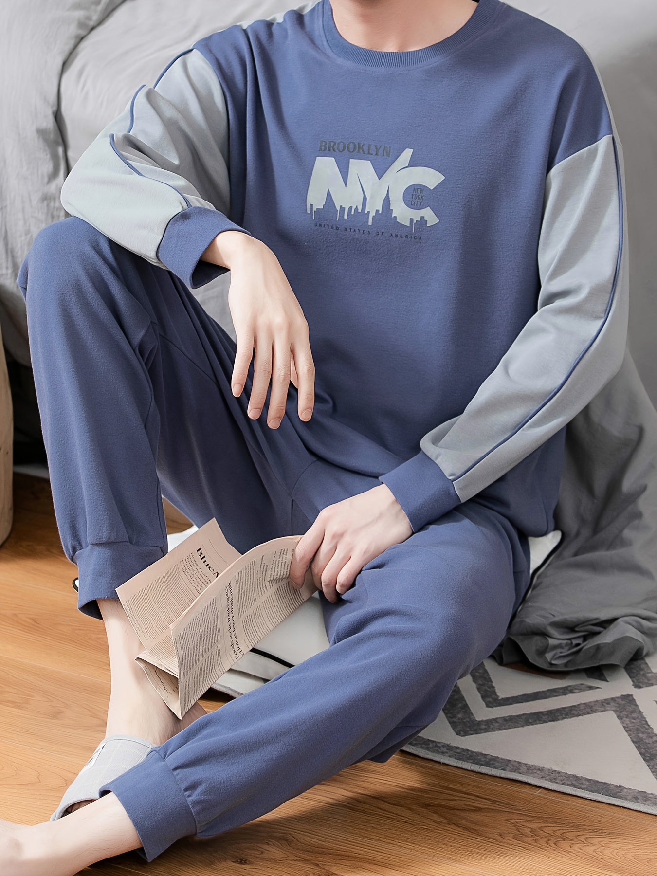 Men's casual color block pajama set with letter graphic print, long sleeve crew neck top and loose pants. Perfect for spring and autumn outdoor wear.