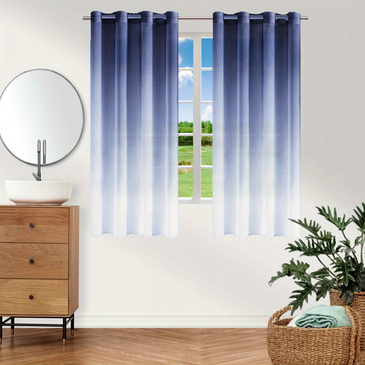 Upgrade your bedroom or living room decor with this stunning Bohemian Ombre Sheer Curtain. The semi-sheer design features a beautiful gradient from blue to white, adding a touch of sophistication to any space. Made from UV protective polyester, this