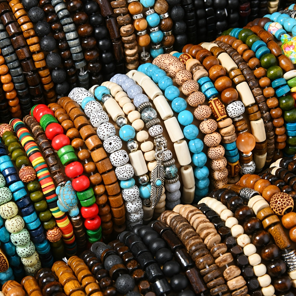 Handmade stretch jewelry for women featuring a set of 12 Boho style mixed wooden bead elastic bracelets. Perfect for daily wear, Valentine's Day gifts, and as a versatile all-season accessory. Includes synthetic February birthstone accents.