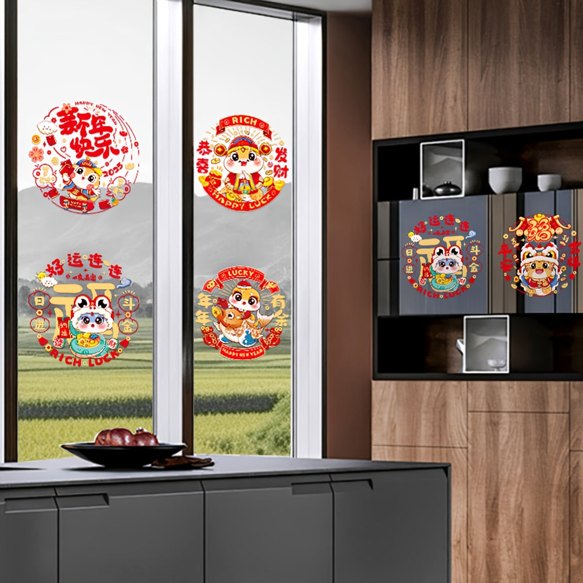 10 pieces of 2025 New Year Snake-themed PVC Static Cling Window Stickers, with a Contemporary Style and 1mil Thickness, perfect for adding Chinese New Year Spring Festival decor to your living room.