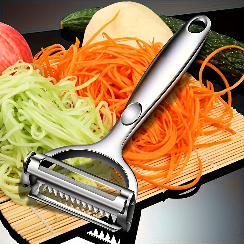 Durable stainless steel vegetable peeler with easy grip handle, ideal for home and restaurant use.