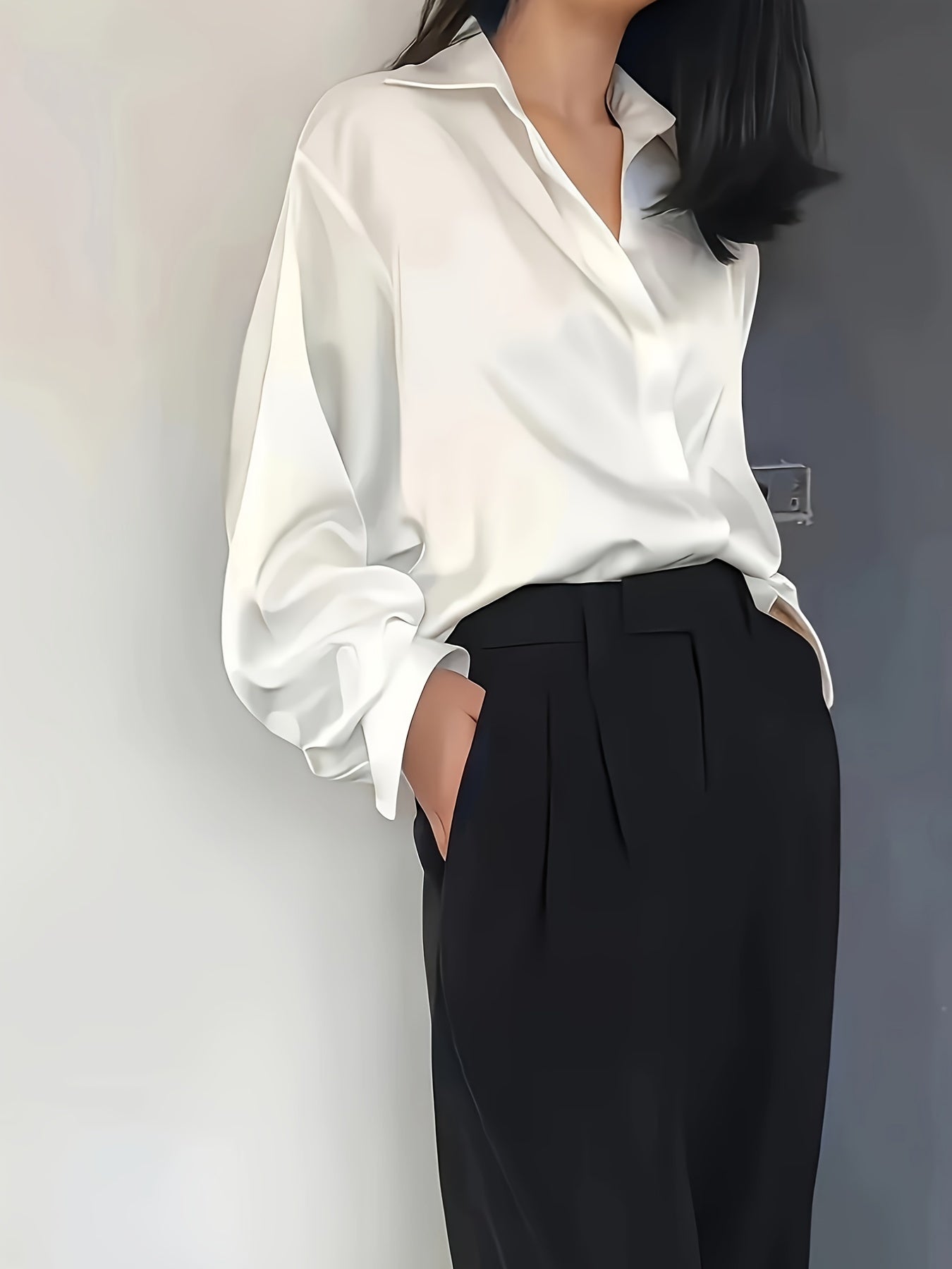 Long sleeve button-up shirt for plus size women, perfect for casual office wear in autumn. Elegant acetate fiber blouse for office ladies.