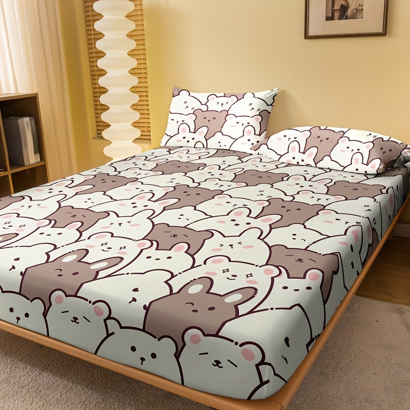 One piece of Cartoon Bear Print Fitted Sheet (Pillowcase not included) made of soft and comfortable material for a cozy sleep experience. Perfect for bedrooms or guest rooms, this brushed mattress protector features deep pockets for a secure fit. Fitted