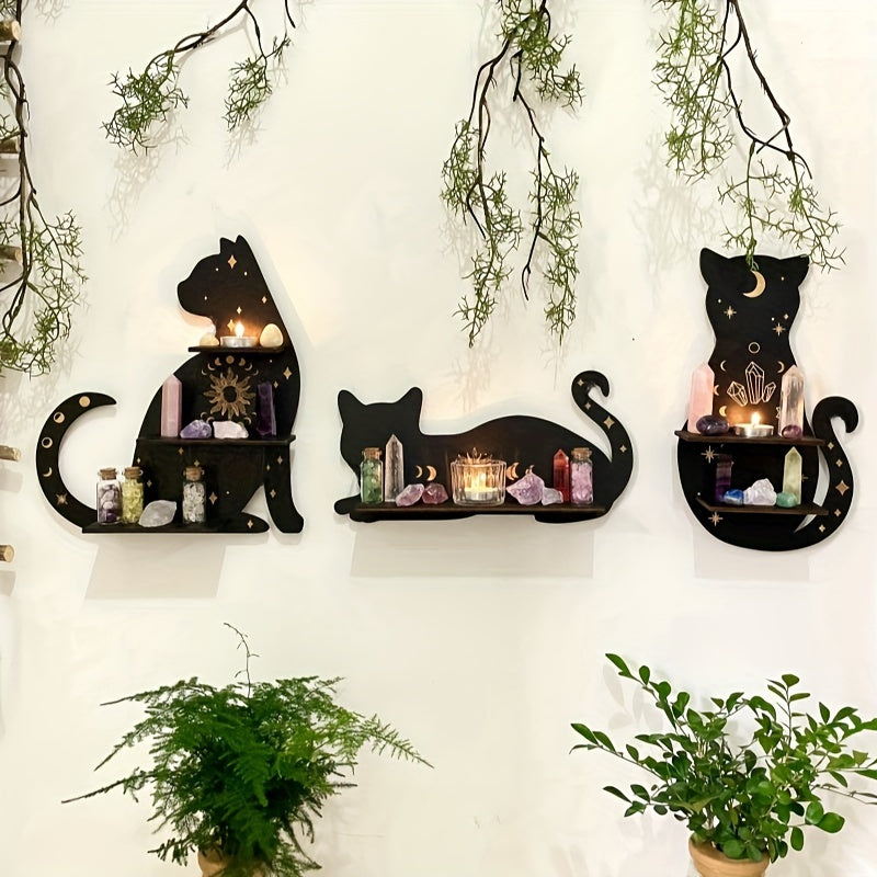 Black cat wall shelf for living room or bedroom decoration, perfect for plants, crystals, and scented candles for special occasions.