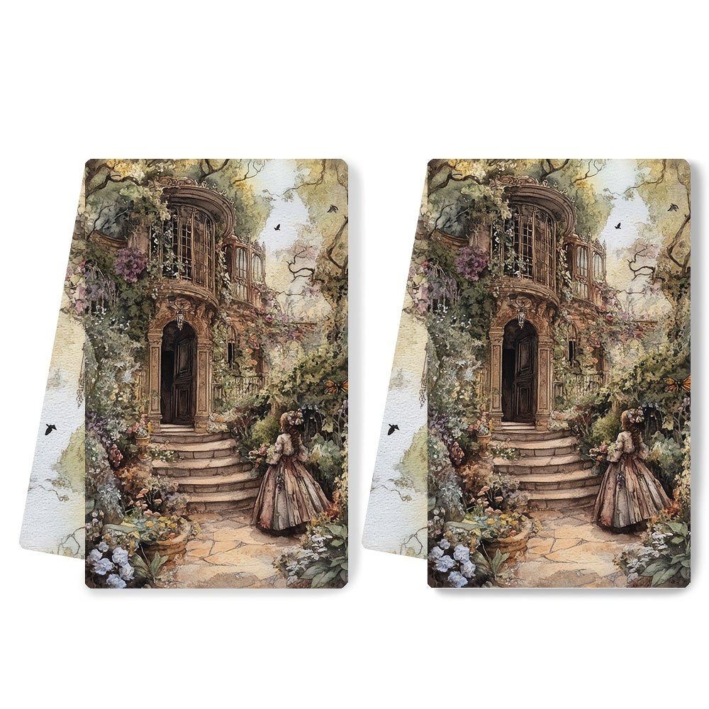 Upgrade your kitchen with a set of 2 ultra-soft towels inspired by the elegant beauty of a Victorian garden. These highly absorbent dish and hand towels are perfect for holiday decorations and are machine washable. Each towel measures 40.64X60.96 cm.