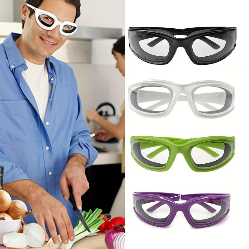 Kitchen Onion Cutting Goggles designed to protect eyes during chopping, made from anti-spicy material and splash-proof coating. Suitable for use in the kitchen to guard against eye irritation. Crafted from food-grade plastic for safety.