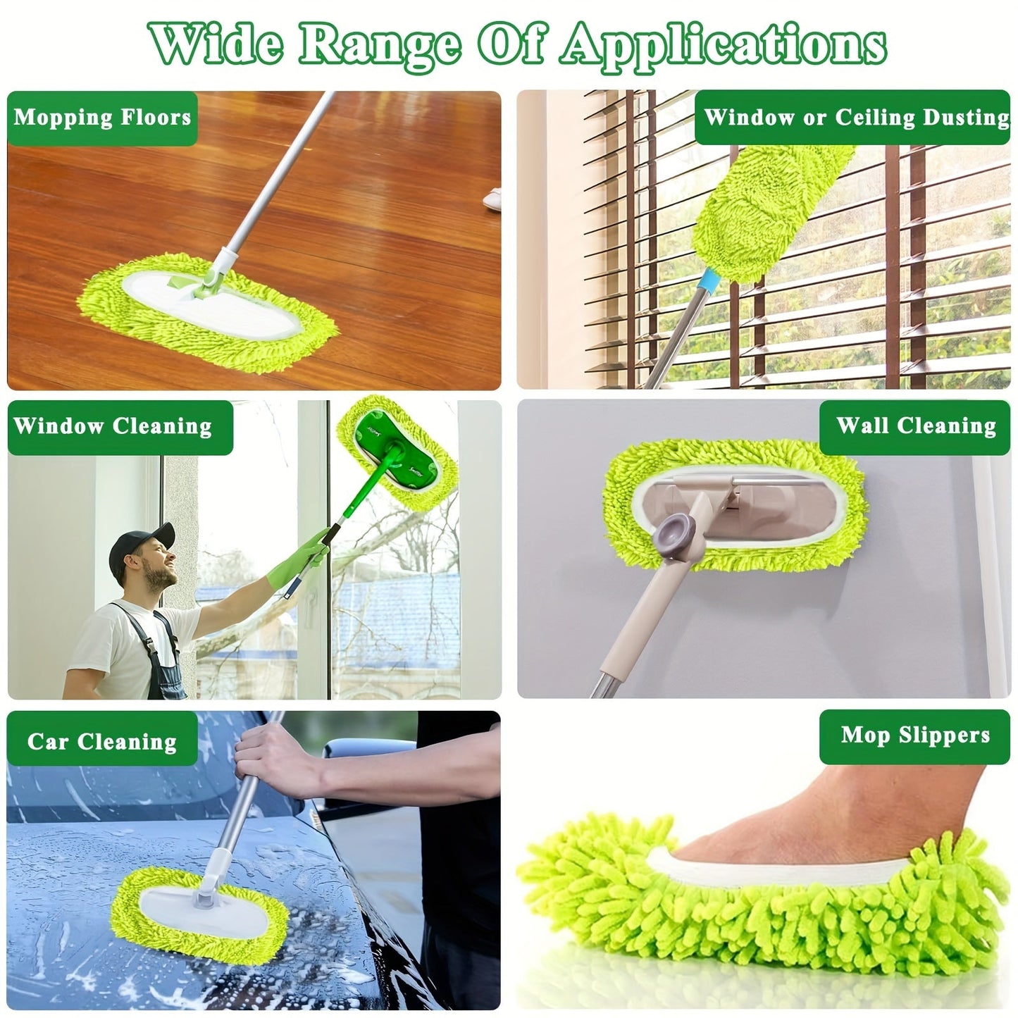 Get a 6-piece set of reusable and washable Home Times Microfiber Mop Pads in green, compatible with sweepers for both wet and dry floor cleaning. Perfect as Christmas or Halloween gifts for household cleaning needs. Experience vibrant green mop pads that