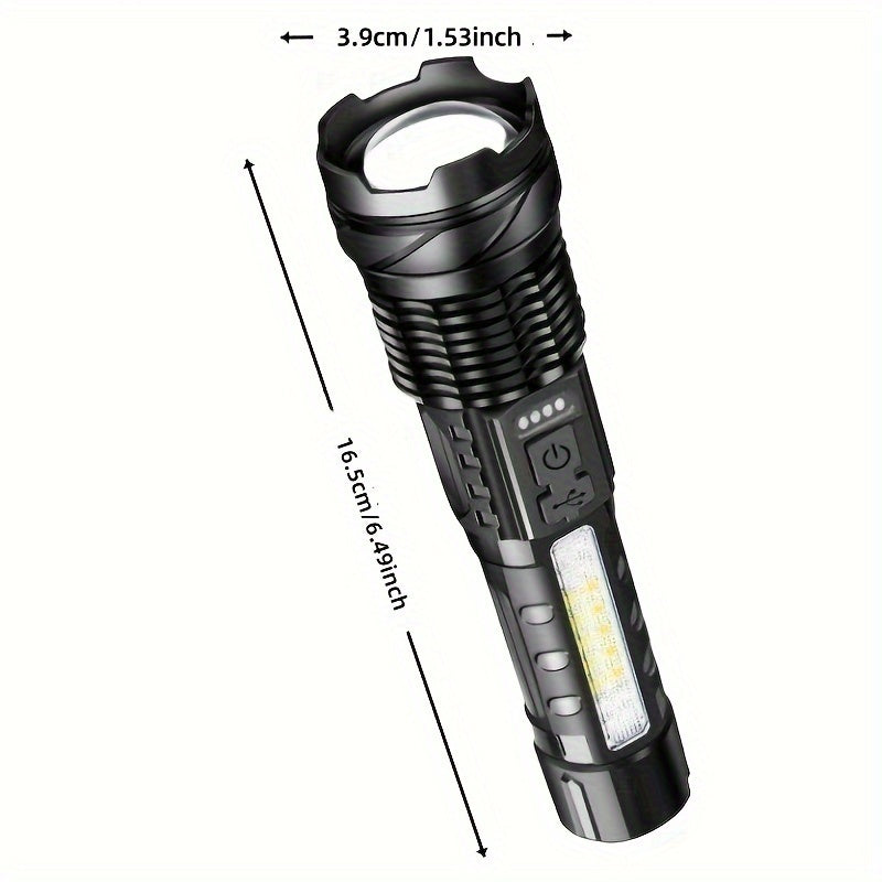 Rechargeable torch flood light for outdoor activities like camping, fishing, hunting, climbing, biking, and hiking.