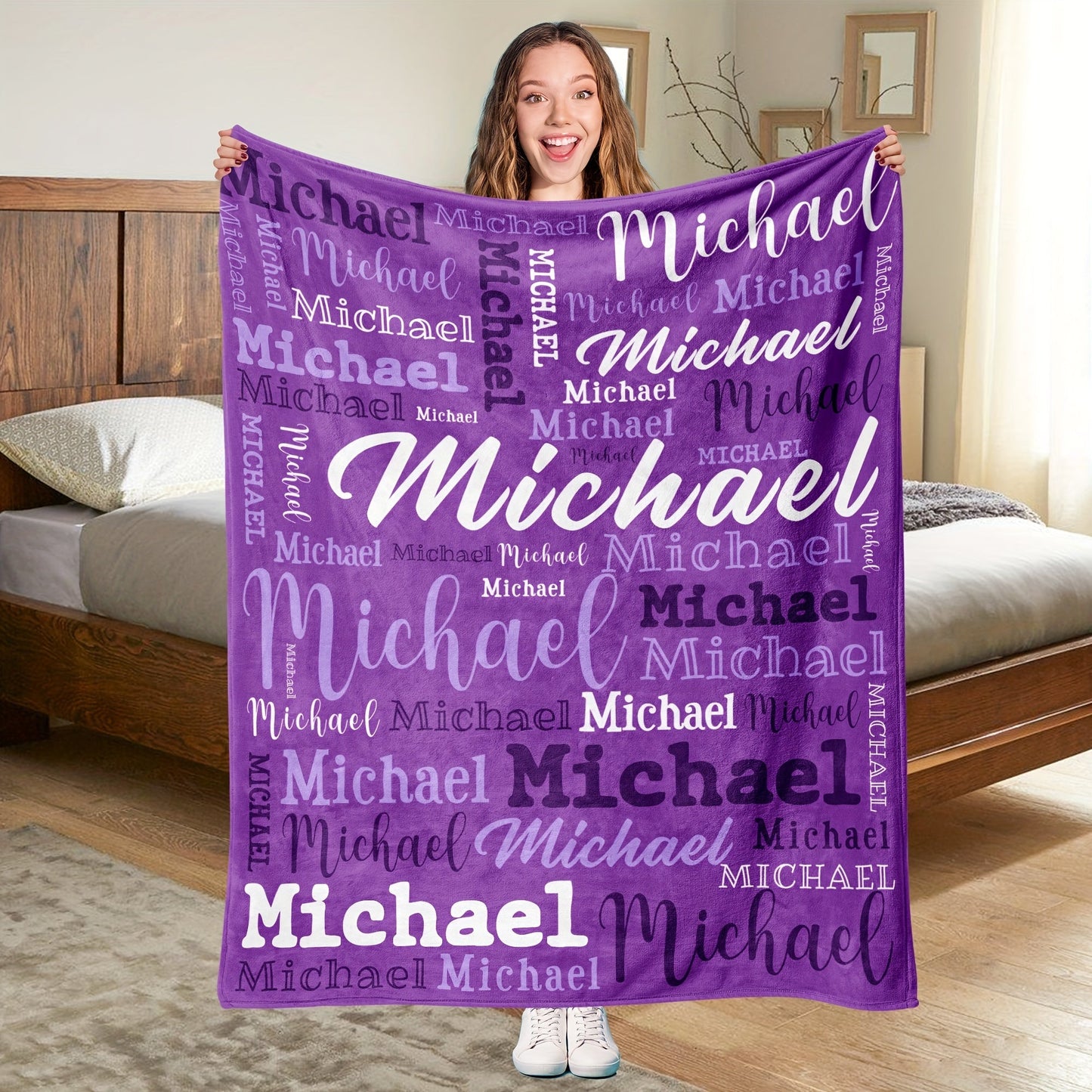 Stay warm and cozy all year round with our custom "Michael" name blanket. This personalized flannel throw is hypoallergenic, machine washable, and perfect for use on the couch, bed, in the office, or while camping. Featuring a soft purple butterfly