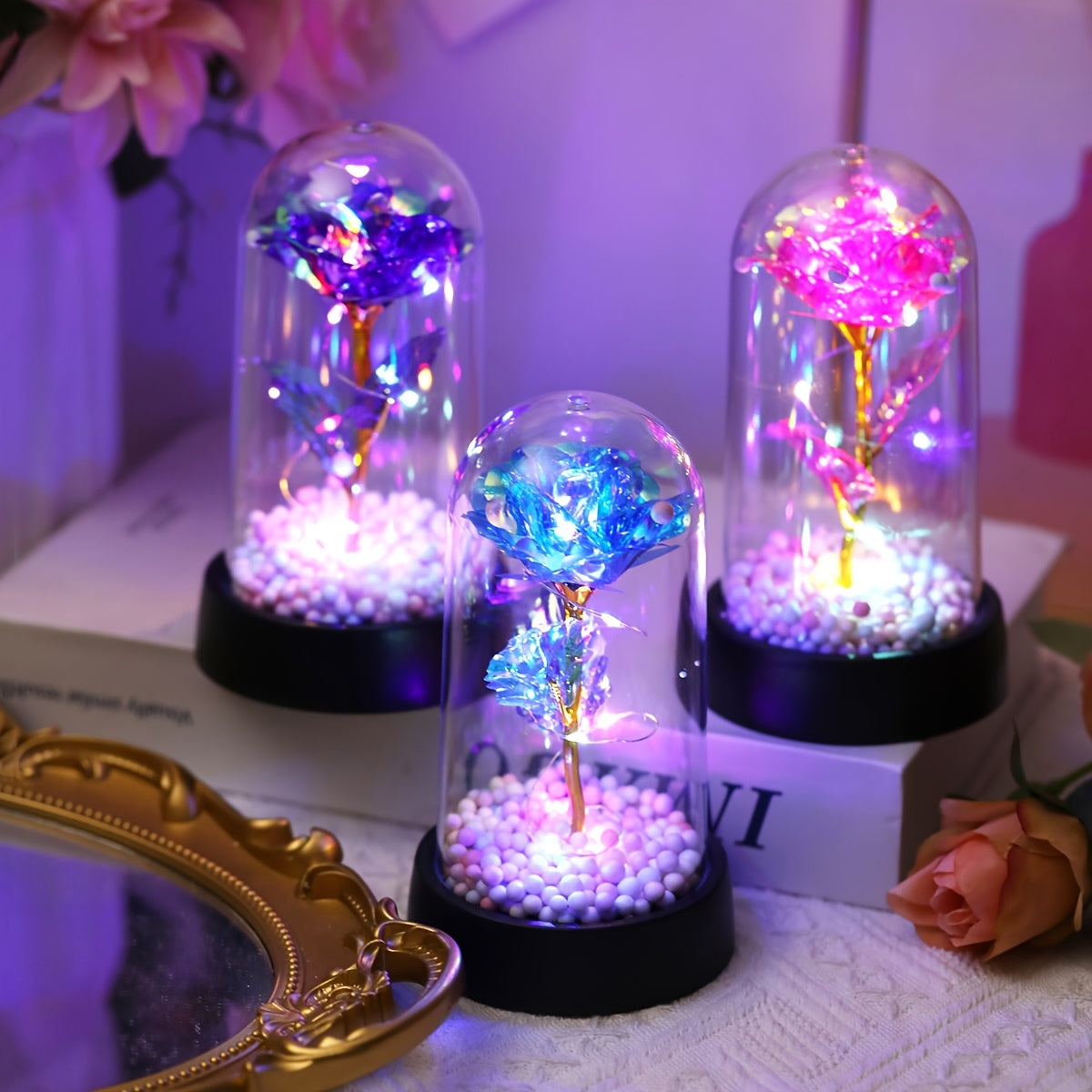 Modern LED Rose Flower Night Light with Golden Foil Accents, Battery Operated for Bedroom Decor, Special Occasions, and Gifts.