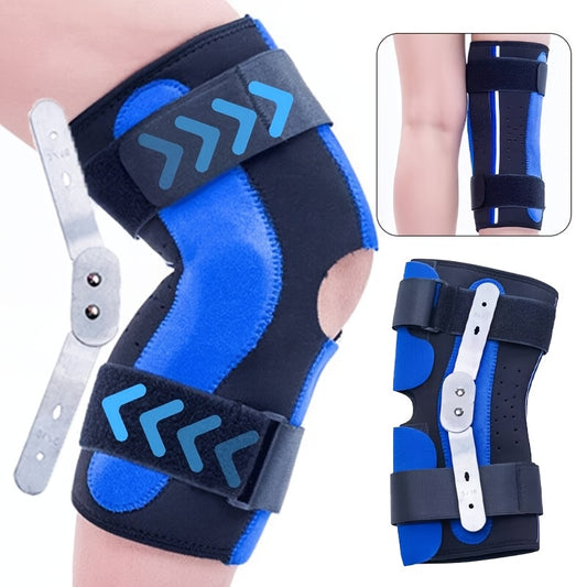 Adjustable hinged knee brace made of neoprene for support during sports and exercise, hand washable.