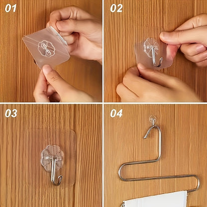 Set of 10/20/30 traceless wall hooks for keys, hats, towels. Easy to install with self-adhesive backing. Suitable for bathroom, bedroom, office, kitchen storage.