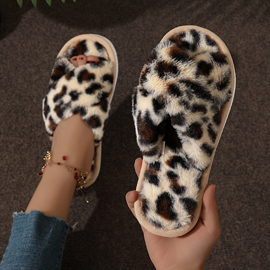 Leopard print plush slippers with soft soles, non-slip for cozy warmth at home.