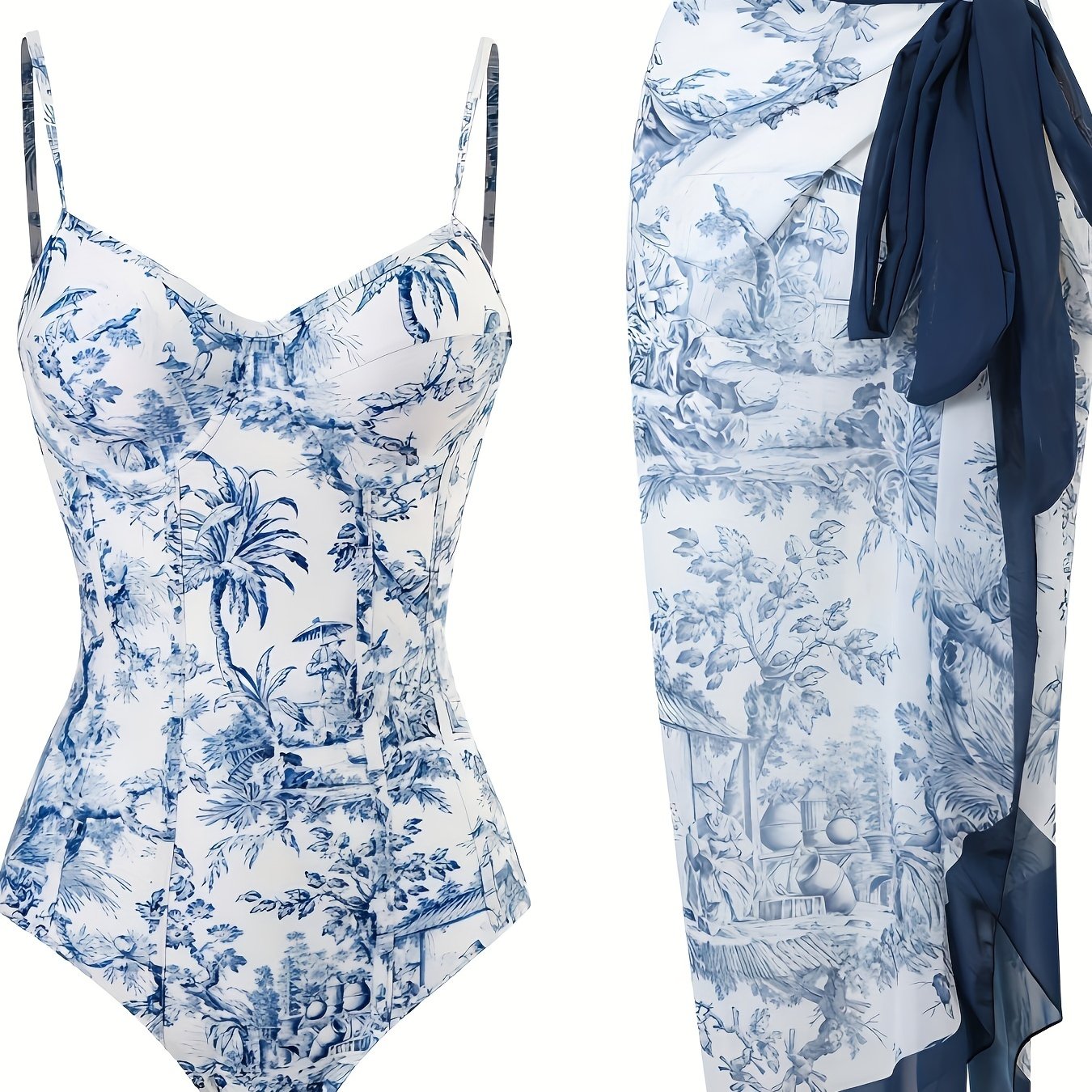 Blue Chinoiserie Print Push Up Swimsuit with Spaghetti Straps