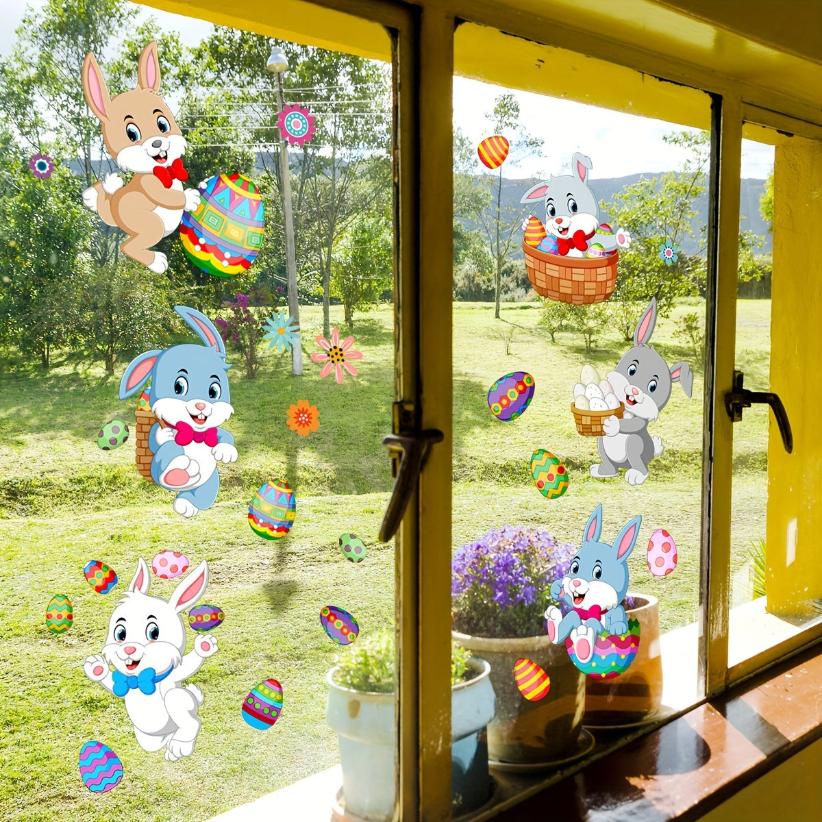 This listing is for a set of two Easter bunny and egg glass window stickers, each measuring 20*30cm. These stickers are perfect for decorating bedrooms, living rooms, balconies, and windows. They feature self-adhesive double-sided printing and are