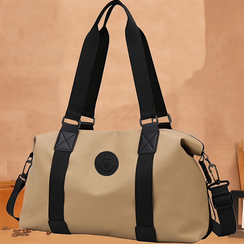 Women's travel duffel bag in khaki nylon with large capacity, expandable handle, and casual style.