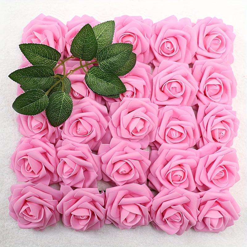 25 artificial roses with 2 green leaves, perfect for weddings, holidays, birthdays, parties, and home decor.