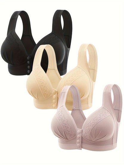 Three contrast lace wireless bras, front buckle push up style, comfortable and breathable, perfect for women's lingerie and underwear.