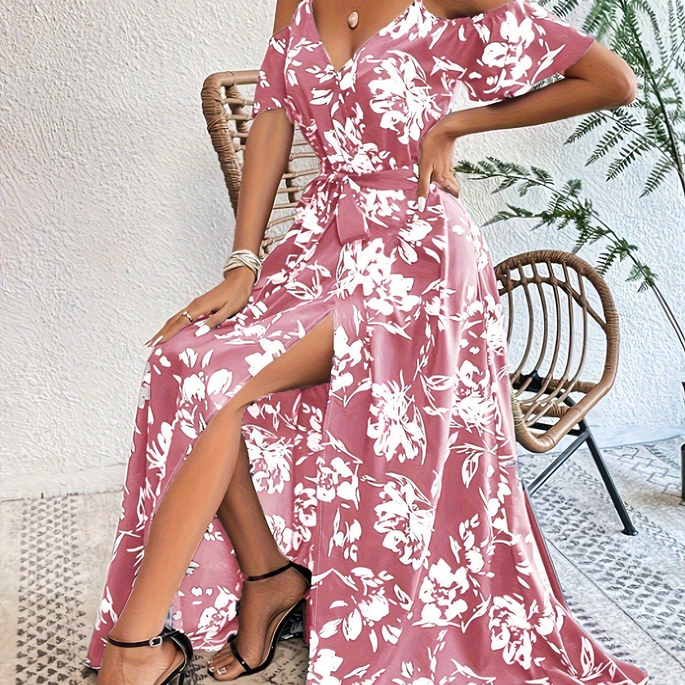 Belted cold shoulder dress with floral print, perfect for spring and summer.